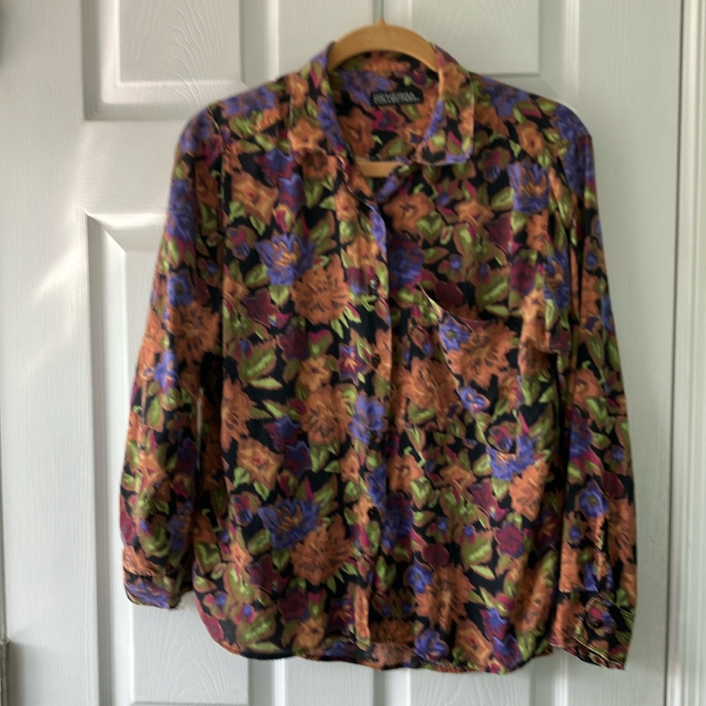 1980s vintage soft rayon blouse medium hideous loud print